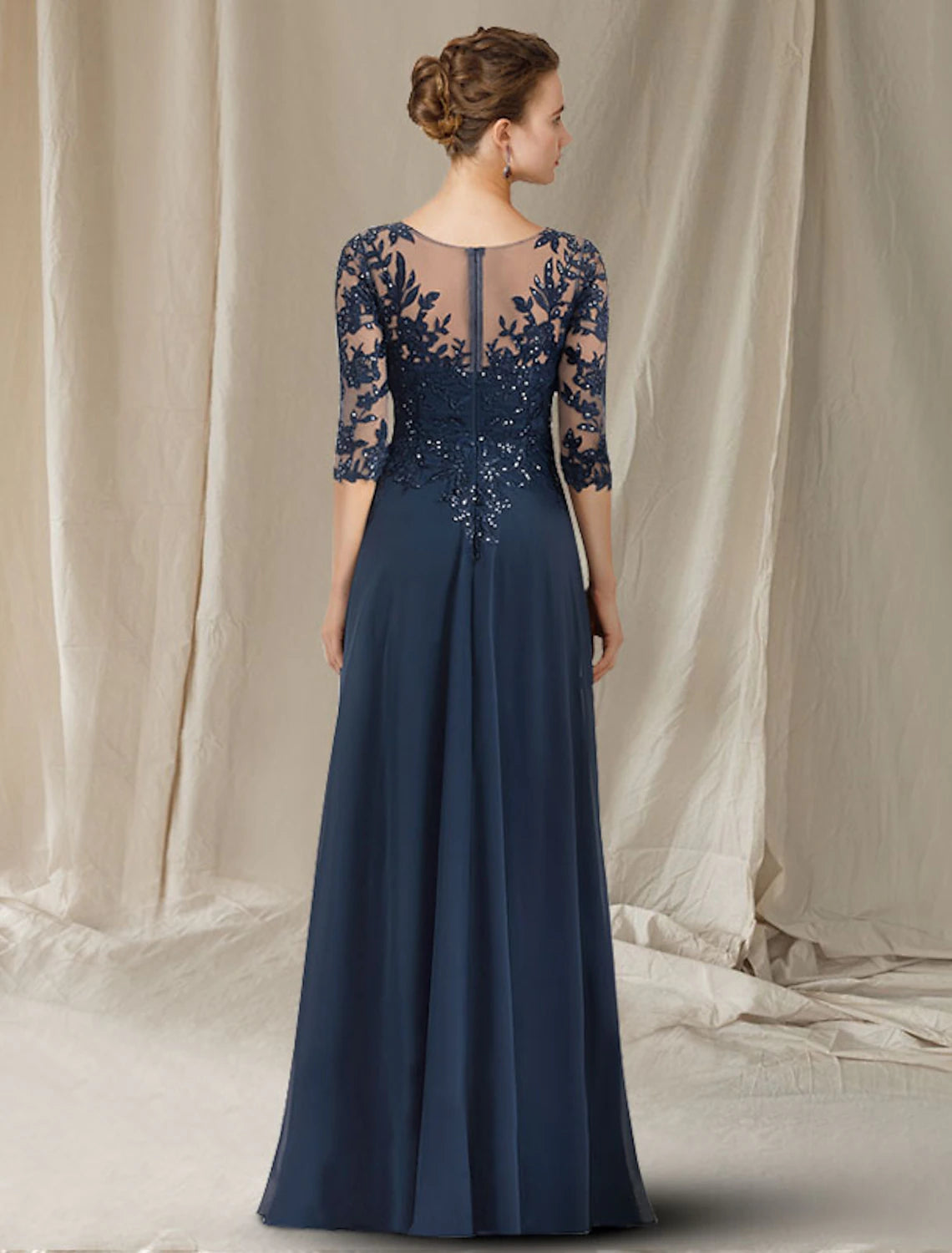 A-Line Mother of the Bride Dress Elegant V Neck Floor Length Chiffon Lace Sequined Half Sleeve with Sequin Appliques