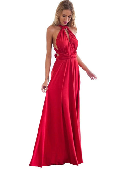 A-Line Bridesmaid Dress Halter / V Neck Sleeveless Convertible Floor Length Spandex with Sash / Ribbon / Pleats