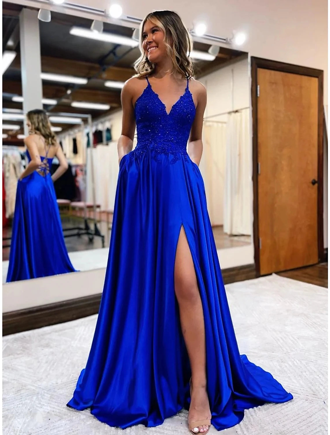 A-Line Prom Dresses Empire Dress Formal Wedding Party Court Train Sleeveless V Neck Satin Backless with Beading Appliques