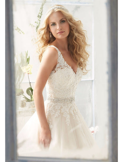 Engagement Open Back Sexy Formal Wedding Dresses A-Line V Neck Sleeveless Court Train Lace Bridal Gowns With