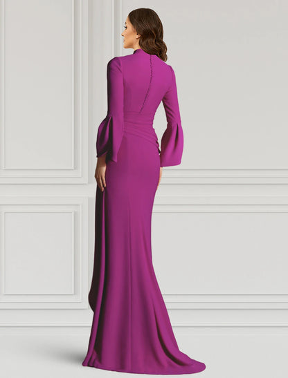 Sheath / Column Evening Gown Elegant Dress Formal Cocktail Party Dress Floor Length Long Sleeve V Neck Fall Wedding Guest Stretch Fabric with Ruffles