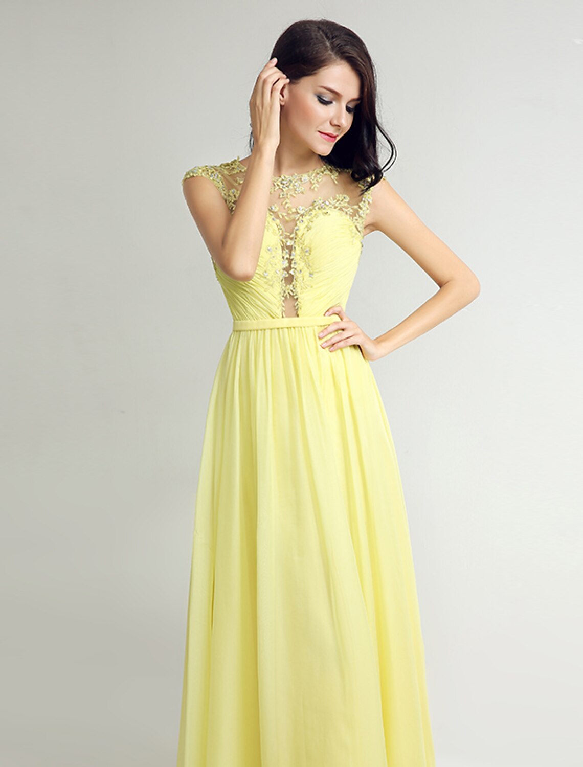 Sheath / Column Jewel Neck Floor Length Chiffon Bridesmaid Dress with Embroidery