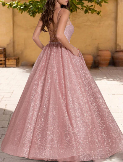 Ball Gown Quinceanera Dresses Sparkle & Shine Dress Sweet 16 Birthday Floor Length Sleeveless Spaghetti Strap Tulle with Glitter Criss Cross Pleats