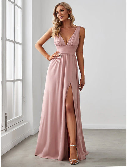 A-Line Prom Party Dress High Split Dress Wedding Guest Formal Evening Floor Length Sleeveless V Neck Bridesmaid Dress Chiffon V Back with Slit