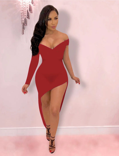 Hot Sexy Holiday Party Wear Club Dress High Slit V Neck off Shoulder Long Sleeve Bodycon Asymmetrical Spandex with Sleek