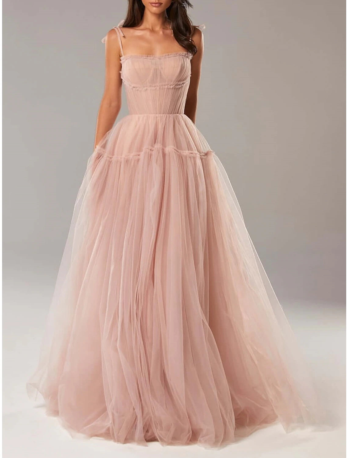 A-Line Prom Party Dress Elegant Dress Wedding Guest Prom Floor Length Sleeveless Spaghetti Strap Tulle with Pleats Ruffles