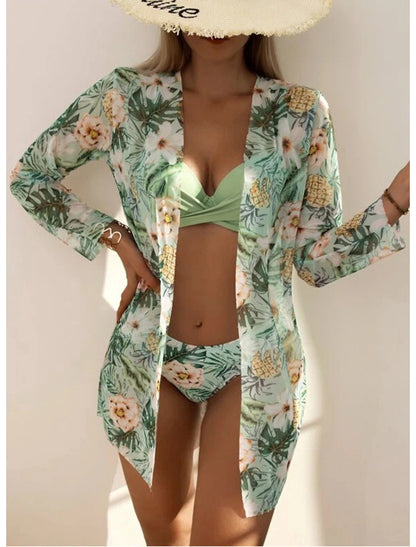 Women's Normal Swimwear Bikini Three Piece Swimsuit 2 Piece Open Back Sexy Printing Leaves V Wire Vacation Fashion Bathing Suits