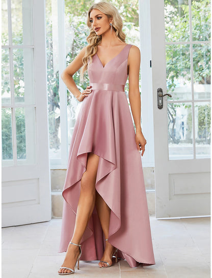 A-Line Wedding Guest Dresses Casual Dress Party Wear Wedding Party Asymmetrical Sleeveless V Neck Satin with Ruffles