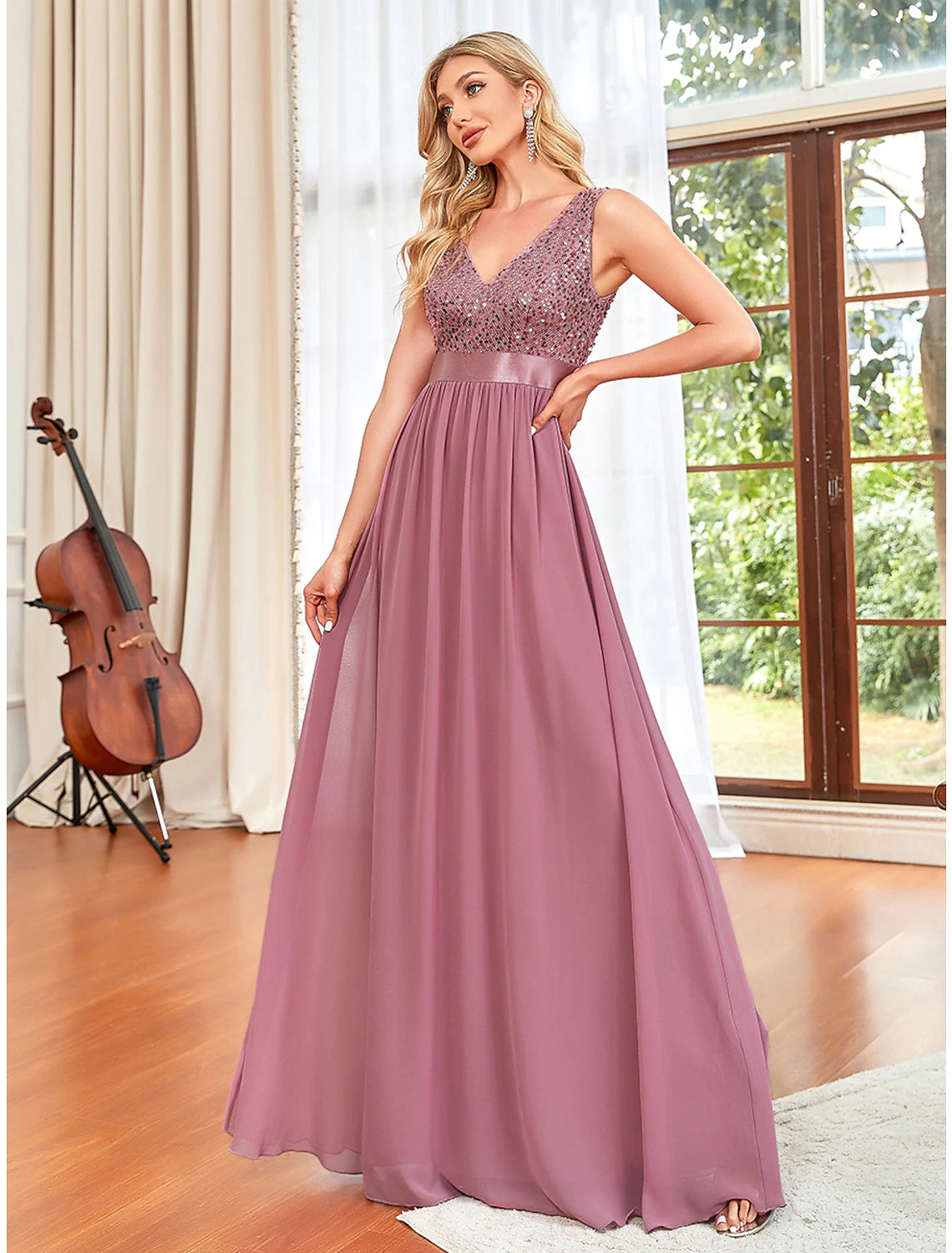 A-Line Prom Dresses Sparkle & Shine Dress Wedding Guest Prom Floor Length Sleeveless V Neck Chiffon V Back with Draping