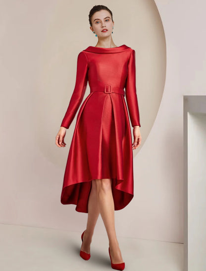 A-Line Mother of the Bride Dress Wedding Guest Party Elegant High Low Scoop Neck Asymmetrical Knee Length Satin Long Sleeve with Crystal Brooch