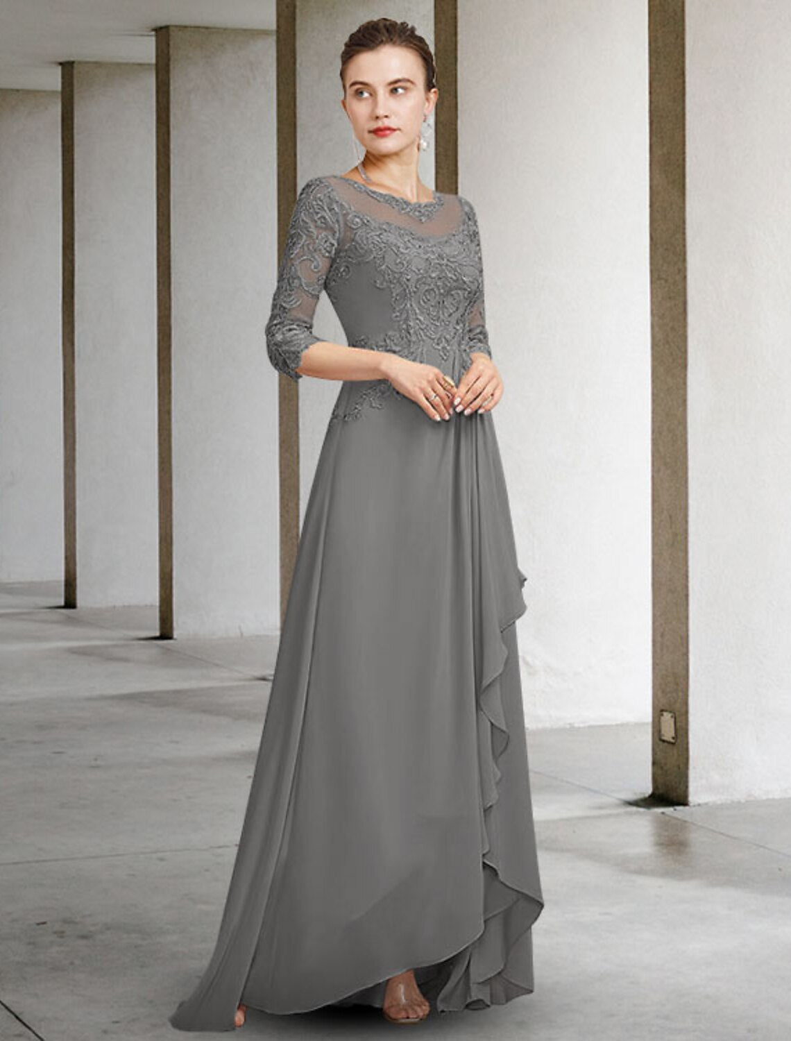 A-Line Mother of the Bride Dress Elegant High Low Jewel Neck Floor Length Chiffon Lace Half Sleeve with Pleats Ruffles Appliques