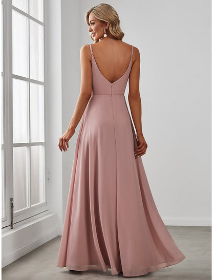 A-Line Bridesmaid Dress V Neck Sleeveless Elegant Floor Length Chiffon with Draping