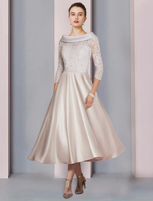 A-Line Mother of the Bride Dress Formal Church Party Elegant Cowl Neck Tea Length Satin Lace 3/4 Length Sleeve with Beading Appliques