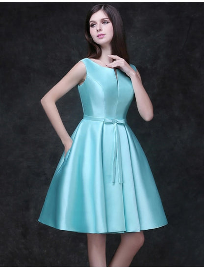 A-Line Cocktail Dresses Minimalist Dress Homecoming Graduation Short / Mini Sleeveless Jewel Neck Satin with Sash / Ribbon Bow(s)