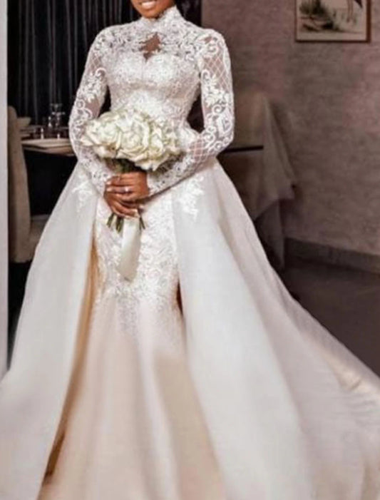 Formal Fall Wedding Dresses Mermaid / Trumpet High Neck Long Sleeve Court Train Satin Bridal Gowns With Appliques