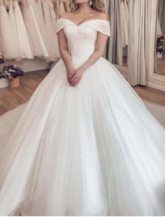 Engagement Formal Fall Wedding Dresses Ball Gown Off Shoulder Cap Sleeve Chapel Train Tulle Bridal Gowns With Pleats Sequin