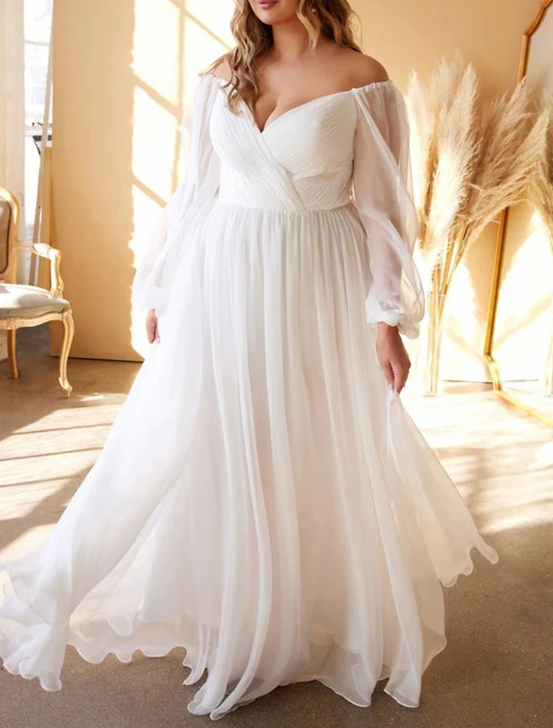 Beach Casual Wedding Dresses A-Line Off Shoulder Long Sleeve Floor Length Chiffon Bridal Gowns With Pleats Solid Color Summer Fall Wedding Party