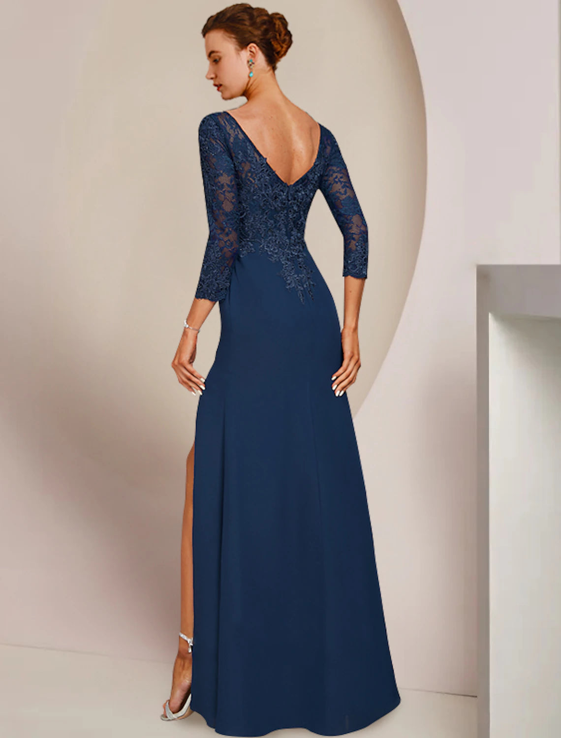 A-Line Mother of the Bride Dress Elegant Scoop Neck Floor Length Chiffon Lace 3/4 Length Sleeve with Appliques Split Front