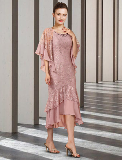 Sheath / Column Mother of the Bride Dress Elegant High Low Jewel Neck Asymmetrical Tea Length Chiffon Lace Half Sleeve Wrap Included with Beading Ruffles Appliques