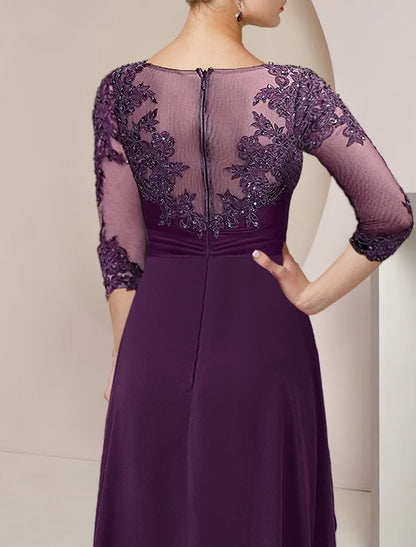 A-Line Mother of the Bride Dress Formal Wedding Guest Elegant High Low Scoop Neck Asymmetrical Floor Length Chiffon Lace 3/4 Length Sleeve with Beading Sequin Appliques