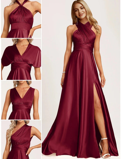 A-Line Bridesmaid Dress Halter Neck Sleeveless Elegant Floor Length Stretch Satin with Split Front / Ruching