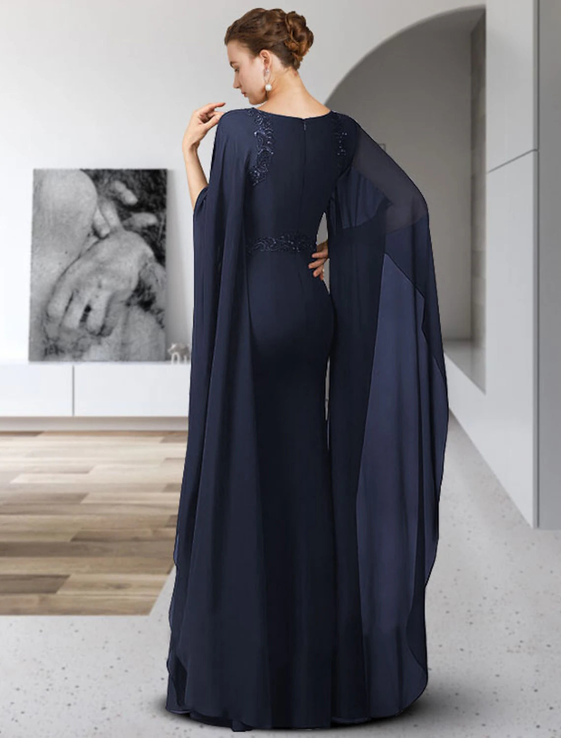 Sheath / Column Mother of the Bride Dress Elegant Jewel Neck Floor Length Chiffon Long Sleeve with Sash / Ribbon Appliques