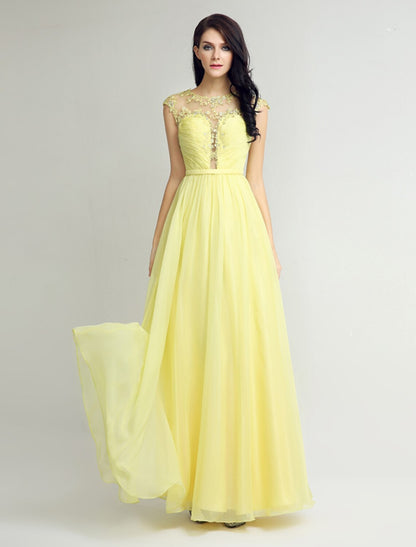 Sheath / Column Jewel Neck Floor Length Chiffon Bridesmaid Dress with Embroidery