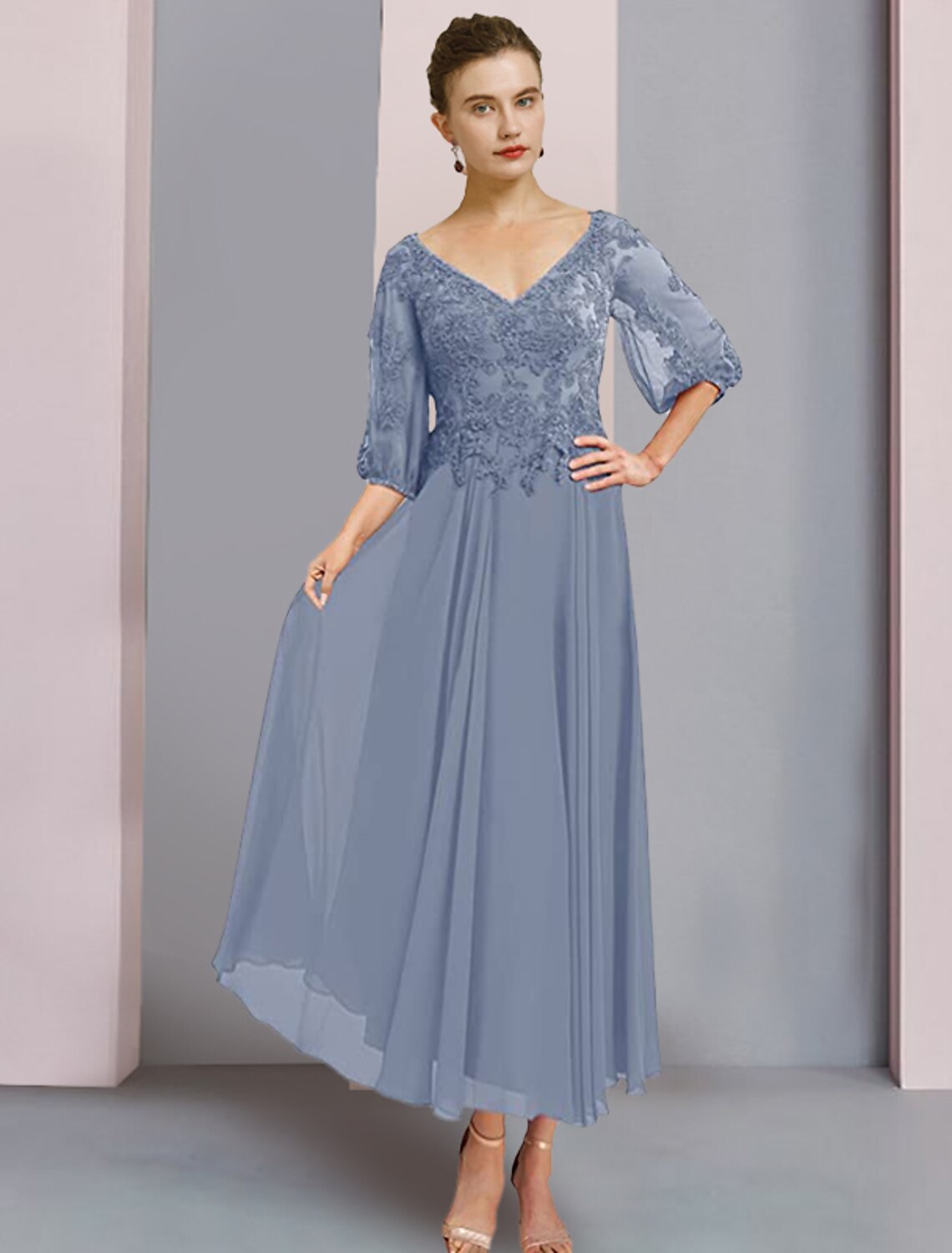 Two Piece A-Line Mother of the Bride Dress Formal Wedding Guest Elegant V Neck Tea Length Chiffon Lace 3/4 Length Sleeve Wrap Included with Pleats Appliques