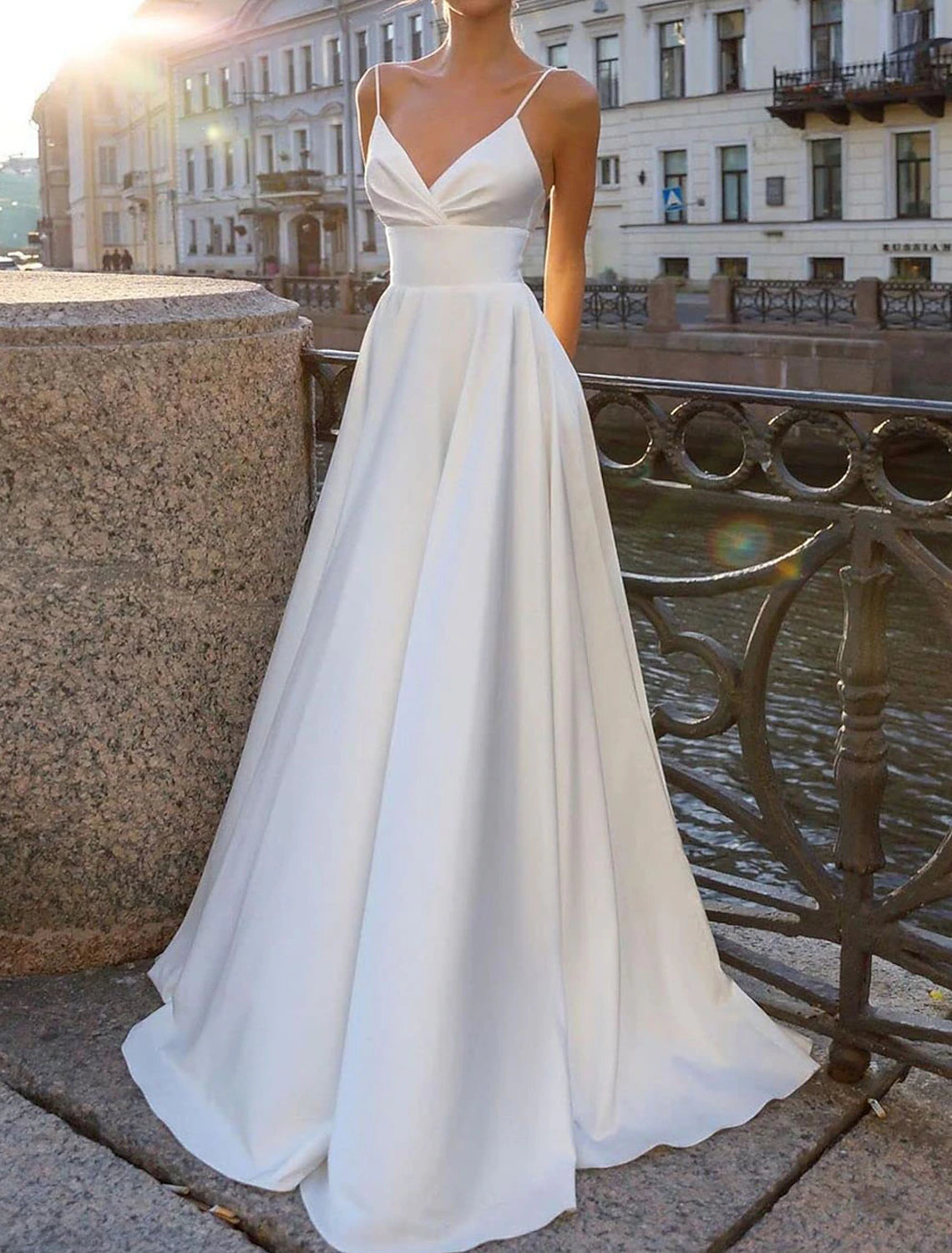 Beach Casual Wedding Dresses A-Line Spaghetti Strap Camisole Spaghetti Strap Sweep / Brush Train Satin Bridal Gowns With Ruched