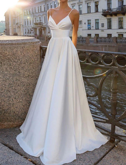 Beach Casual Wedding Dresses A-Line Spaghetti Strap Camisole Spaghetti Strap Sweep / Brush Train Satin Bridal Gowns With Ruched