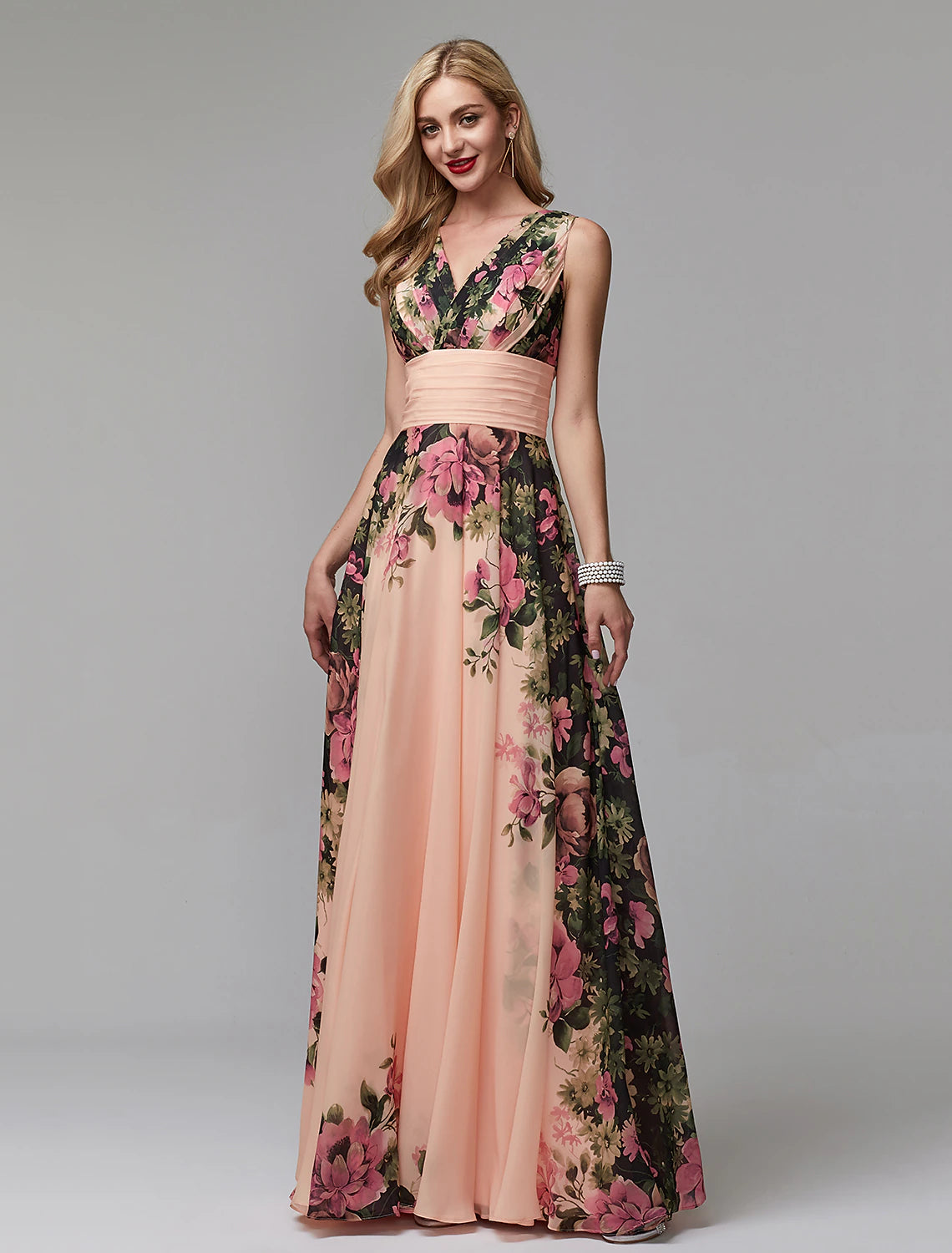 A-Line Floral Dress Holiday Wedding Guest Floor Length Sleeveless V Neck Bridesmaid Dress Chiffon with Pattern / Print