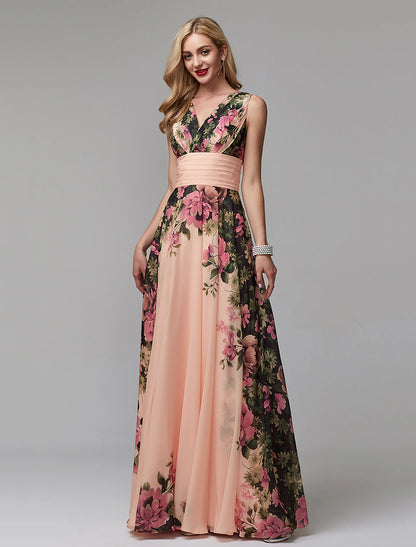 A-Line Floral Dress Holiday Wedding Guest Floor Length Sleeveless V Neck Bridesmaid Dress Chiffon with Pattern / Print