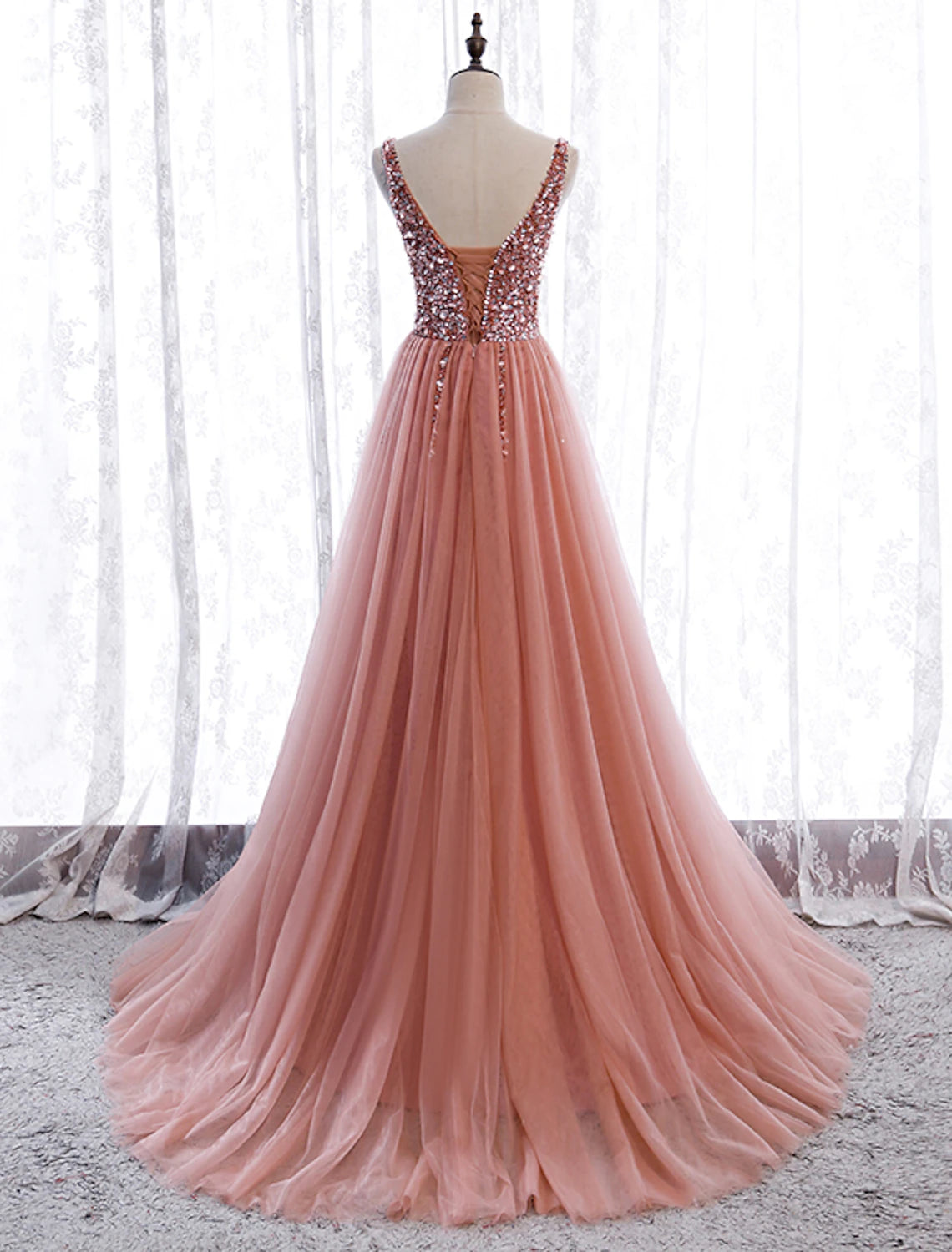 A-Line Prom Dresses Elegant Dress Party Wear Wedding Party Court Train Sleeveless V Neck Polyester with Pearls Embroidery