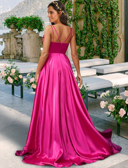 A-Line Bridesmaid Dress V Neck / Spaghetti Strap Sleeveless Sexy Sweep / Brush Train Charmeuse with Pleats