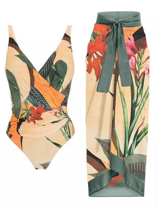 2 pcs Swimwear Cover Up Swimsuits Retro Vintage 1980s Women's Floral Polyester Green Skirt One-piece Swimswuit