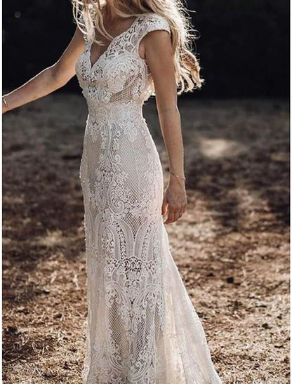 Beach Boho Wedding Dresses Mermaid / Trumpet V Neck Cap Sleeve Court Train Lace Bridal Gowns With Appliques Solid