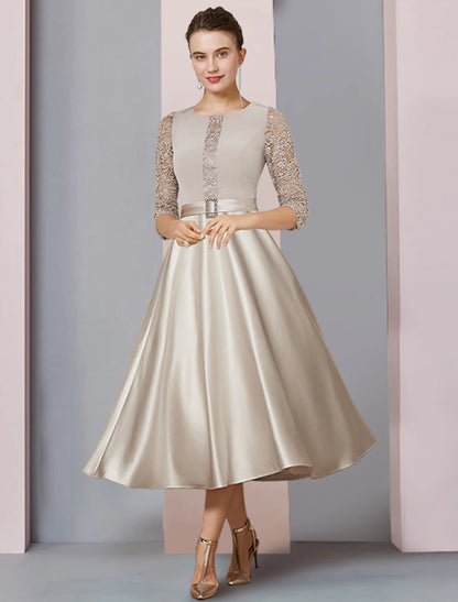 A-Line Mother of the Bride Dress Formal Wedding Guest Party Elegant Scoop Neck Tea Length Satin Lace Half Sleeve with Crystal Brooch