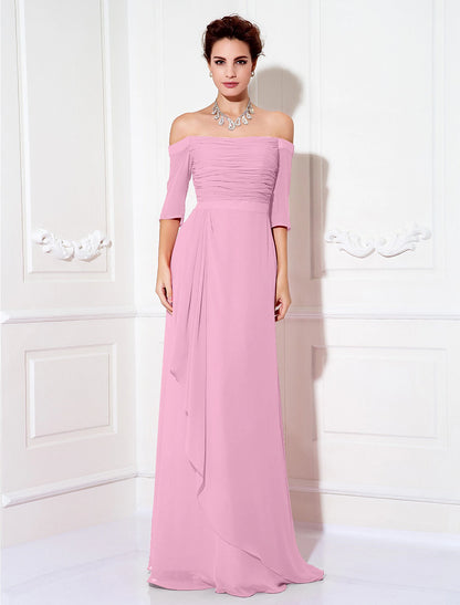 Sheath / Column Minimalist Dress Wedding Guest Formal Evening Sweep / Brush Train Half Sleeve Off Shoulder Bridesmaid Dress Chiffon with Ruched Draping