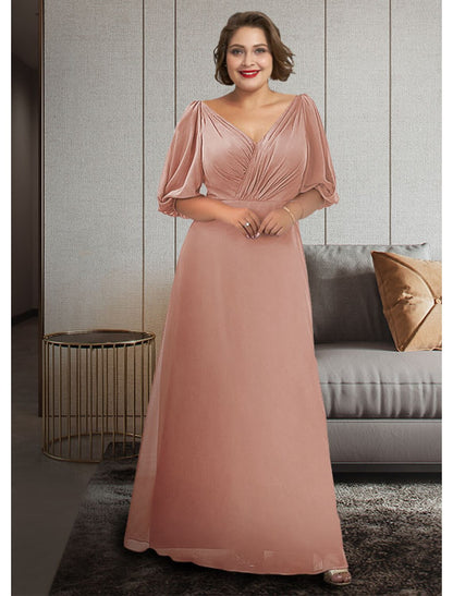 A-Line Mother of the Bride Dress Plus Size Elegant V Neck Ankle Length Chiffon Half Sleeve with Ruching