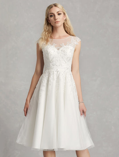 Reception Little White Dresses Wedding Dresses A-Line Illusion Neck Cap Sleeve Knee Length Lace Bridal Gowns With Appliques