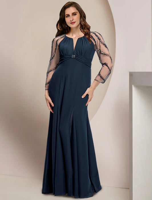 Mother of the Bride Dresses Plus Size Curve Hide Belly Wedding Guest Vintage Elegant V Neck Floor Length Chiffon Long Sleeve with Pleats Sequin