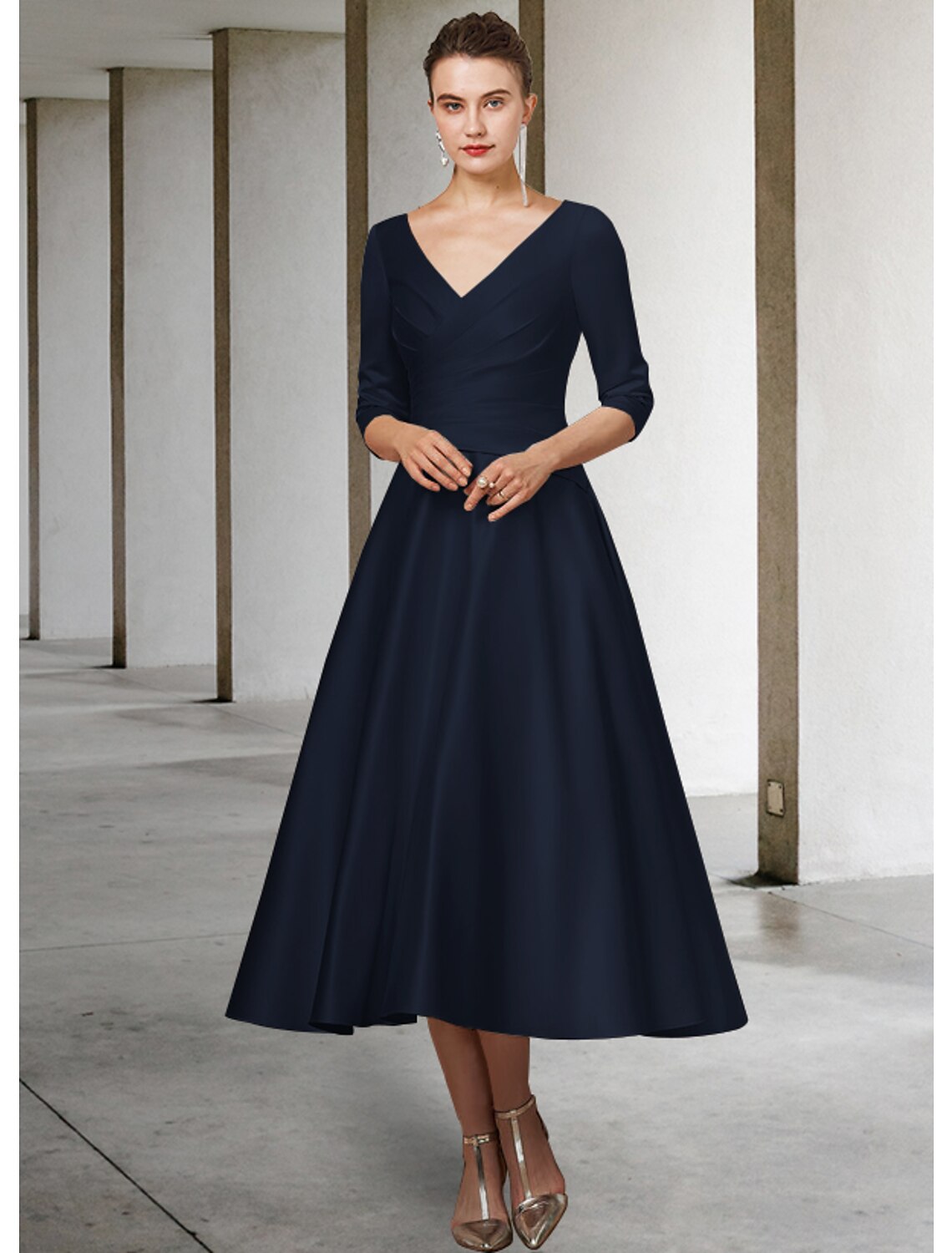 A-Line Mother of the Bride Dress Elegant V Neck Tea Length Satin Half Sleeve with Pleats Ruching