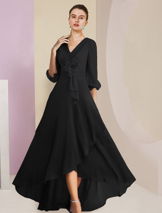 A-Line Mother of the Bride Dress Formal Wedding Guest Vintage Elegant V Neck Asymmetrical Ankle Length Chiffon 3/4 Length Sleeve with Flower