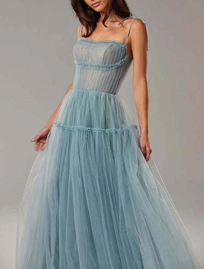 A-Line Prom Party Dress Elegant Dress Wedding Guest Prom Floor Length Sleeveless Spaghetti Strap Tulle with Pleats Ruffles