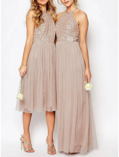 A-Line Bridesmaid Dress Halter Neck Sleeveless Elegant Floor Length / Knee Length Tulle with Sequin / Ruching