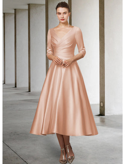 A-Line Mother of the Bride Dress Elegant V Neck Tea Length Satin Half Sleeve with Pleats Ruching