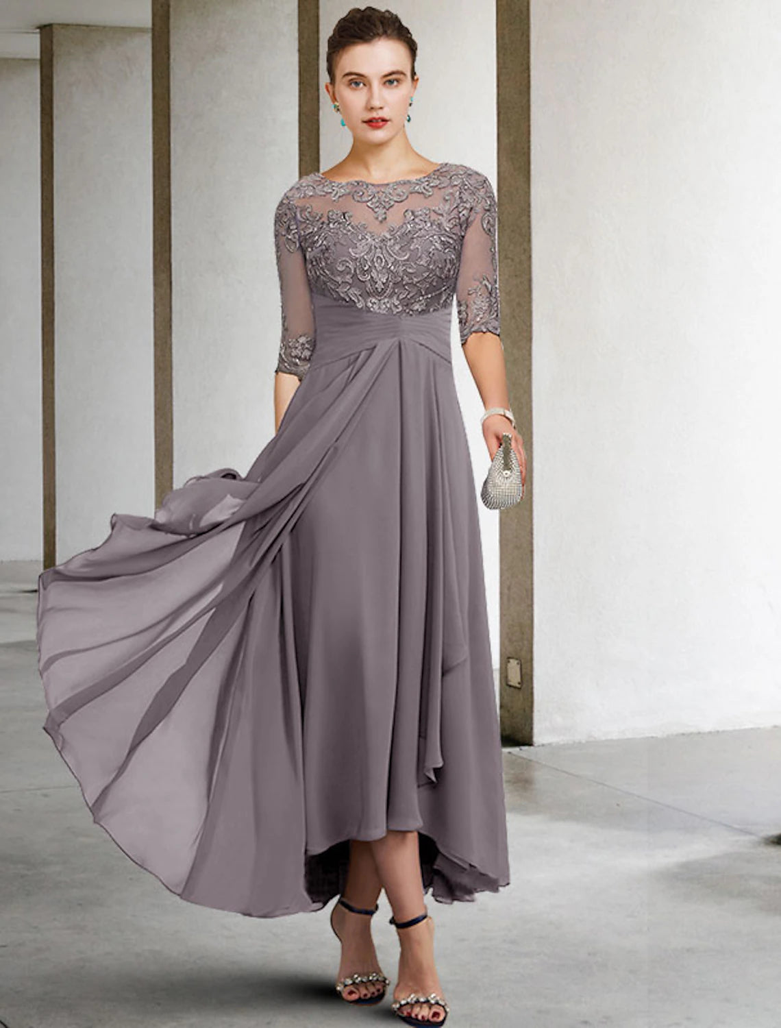 A-Line Mother of the Bride Dress Fall Wedding Guest Dresses Plus Size Elegant High Low V Neck Asymmetrical Ankle Length Chiffon Lace Half Sleeve with Beading Appliques