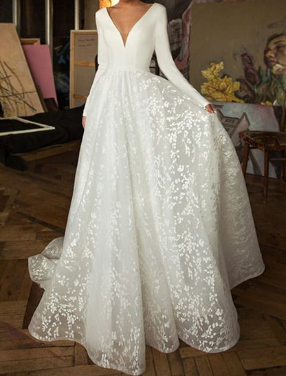 Engagement Open Back Formal Boho Wedding Dresses A-Line V Neck Long Sleeve Court Train Satin Bridal Gowns With Appliques