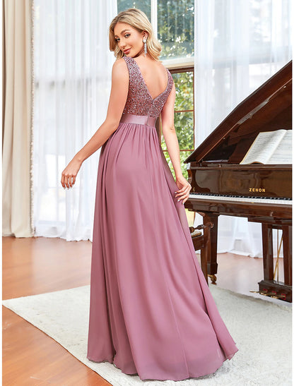 A-Line Prom Dresses Sparkle & Shine Dress Wedding Guest Prom Floor Length Sleeveless V Neck Chiffon V Back with Draping