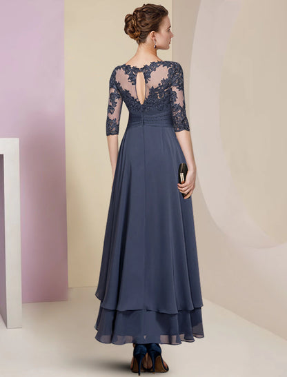 Sheath / Column Mother of the Bride Dress Wedding Guest Party Elegant High Low Jewel Neck Asymmetrical Chiffon Lace Half Sleeve with Pleats Solid